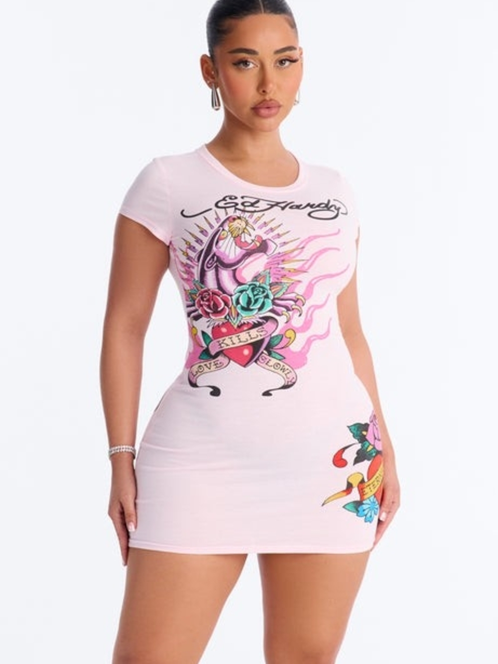 Ed Hardy Light Pink Tattoo Graphic Bodycon Mini Dress